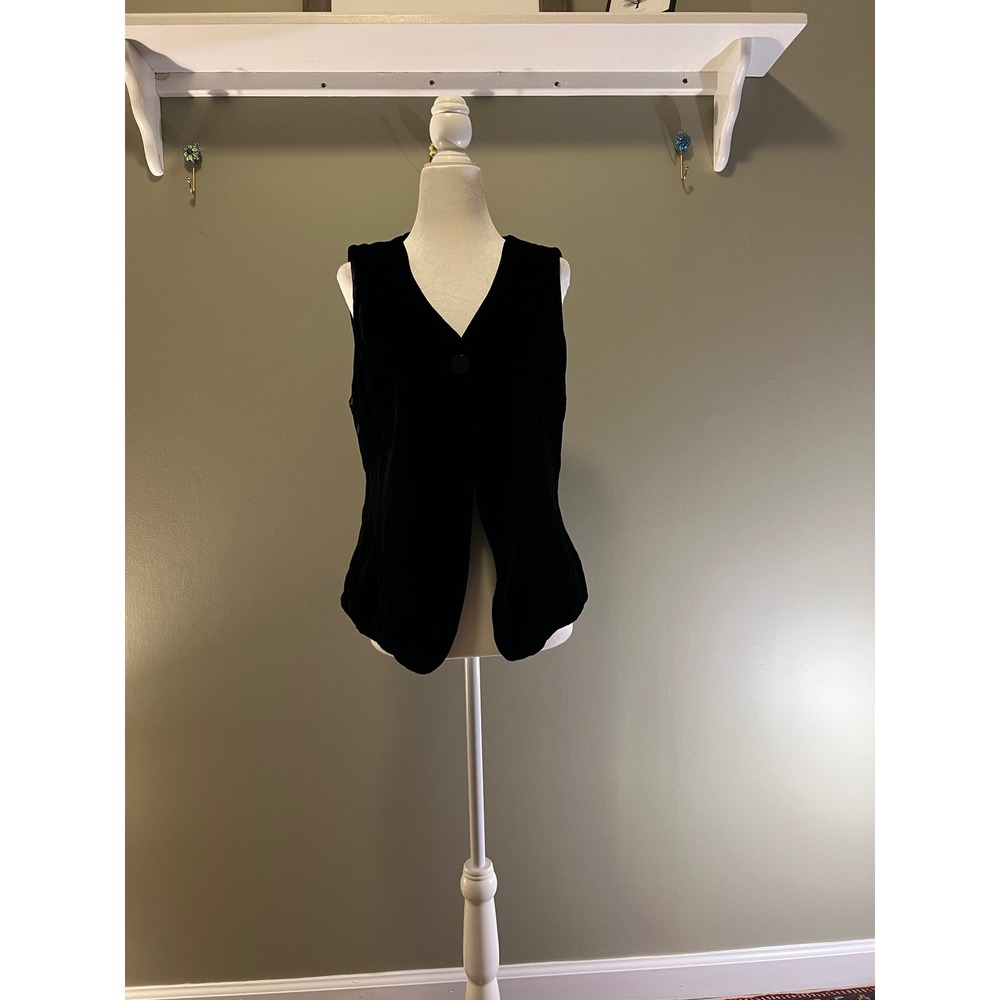 mwc Black Velvet Single Button V-Neck Vest Women Medium Vintage Style Lined - Picture 4 of 9